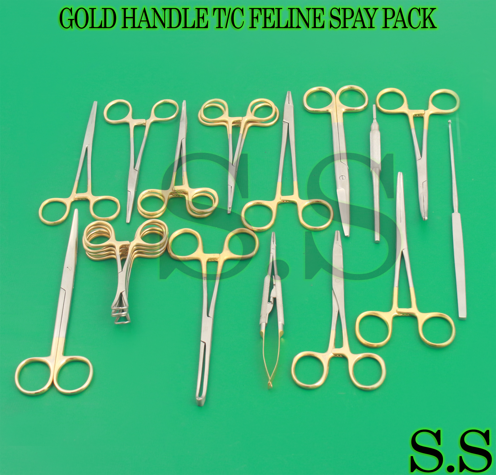 SET OF 21 PCS GOLD HANDLE T/C FELINE SPAY PACK SURGICAL INSTRUMENTS KIT DS-1066