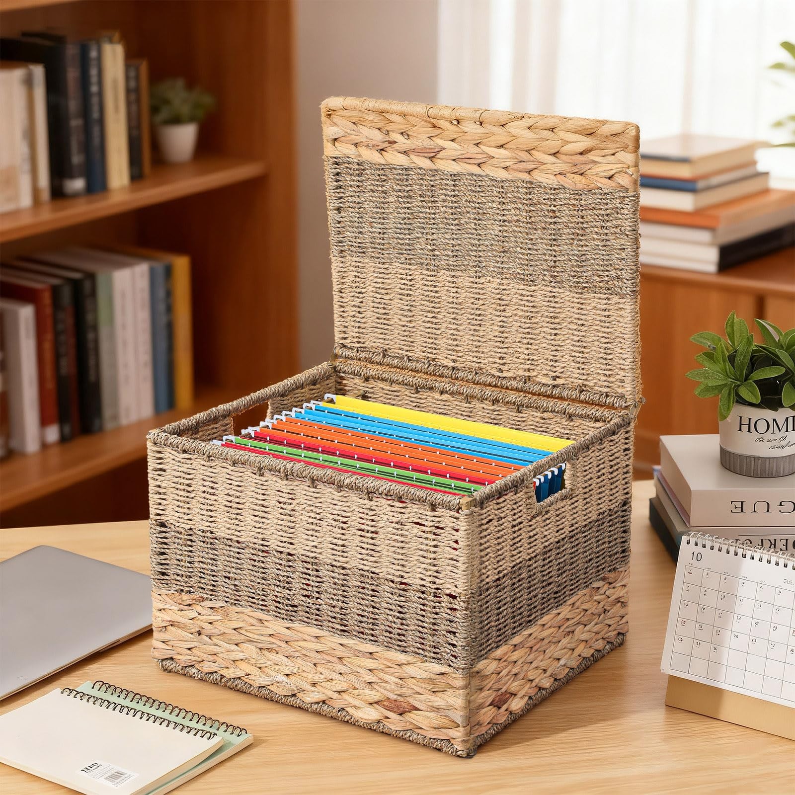 Decorative File Box 14 x 12 x 11 in Wicker Seagrass File Basket Organizer