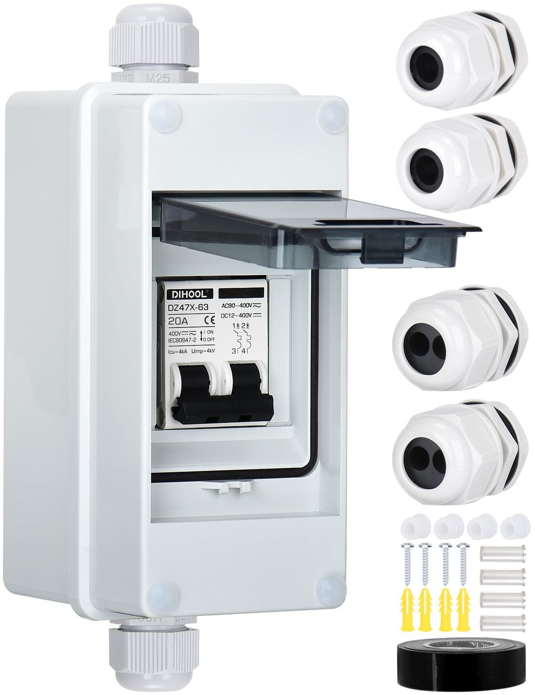Solar Panel Disconnect Switch 20A Dual Pole IP65, AC DC Circuit Breaker Isolator
