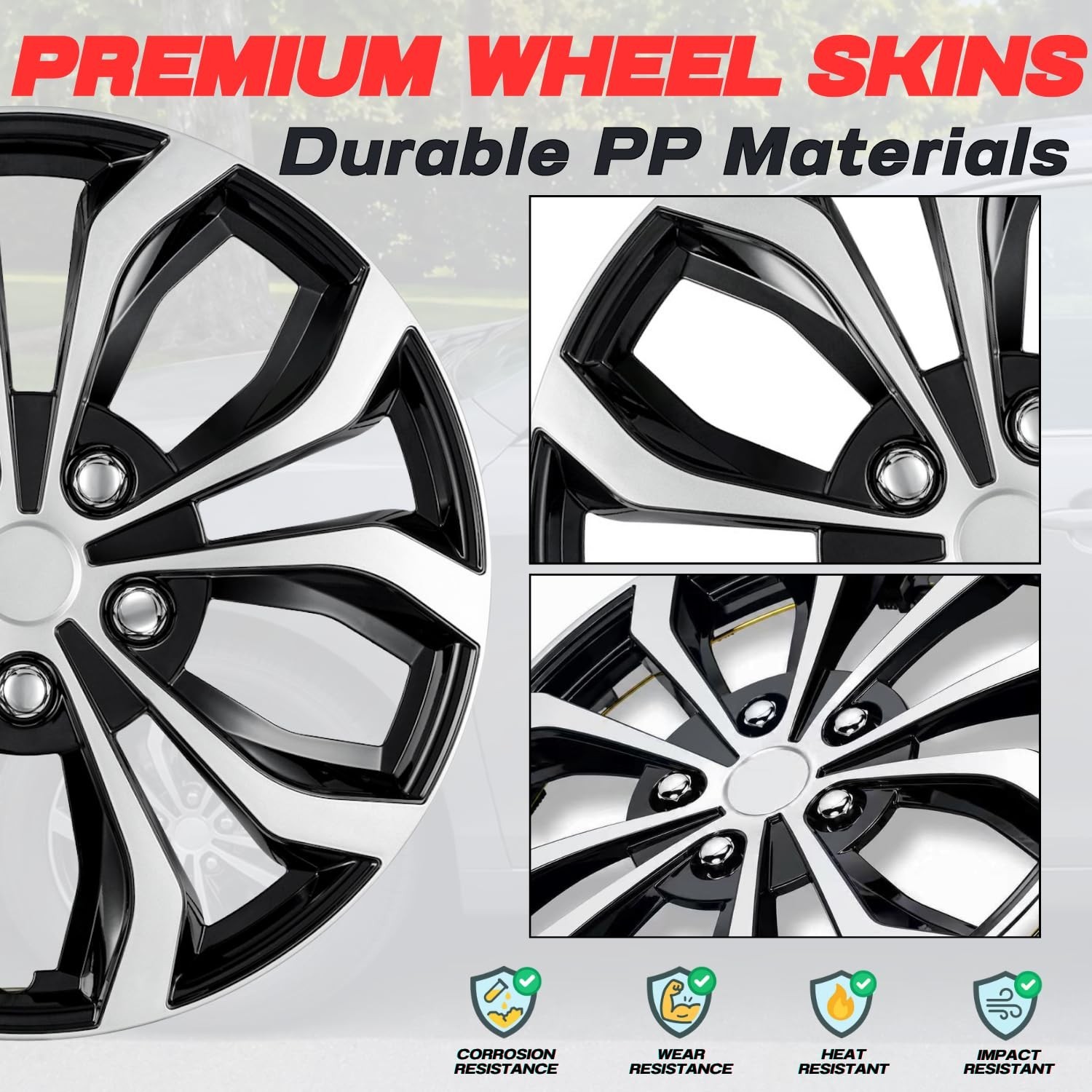15 Inch Universal Hubcaps, Silver & Black Snap-On Wheel Covers, Compatible wi…