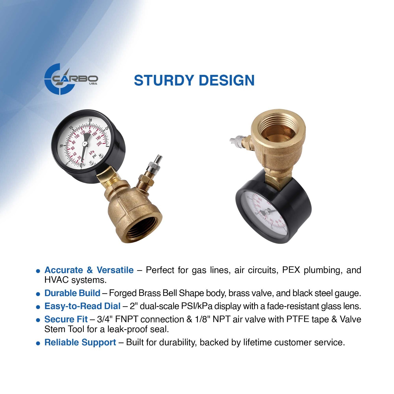Gas Test Pressure Gauge 30 Pound, 30 PSI/200 kPa 3/4” FNPT Brass Bell Shape Body