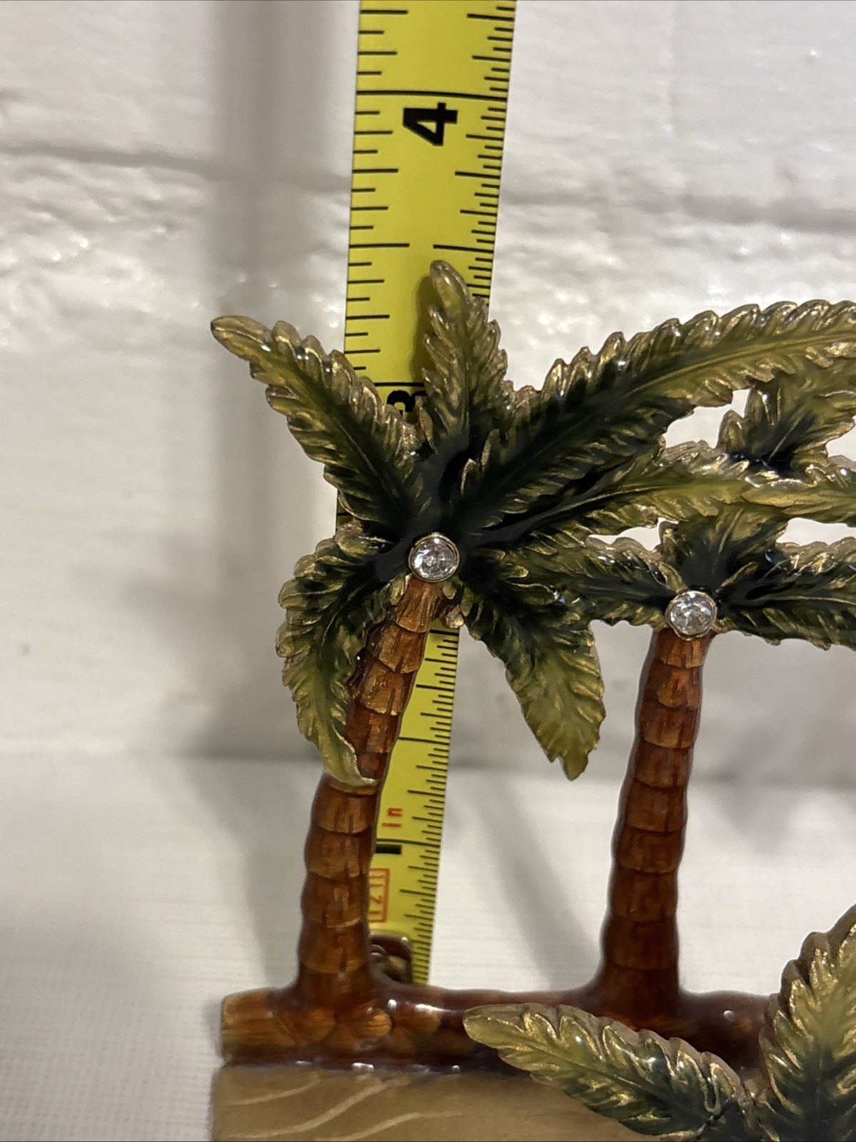 VTG Enamel Heavy Business Card Holder Desk Palm Trees Rhinestones Metal Art