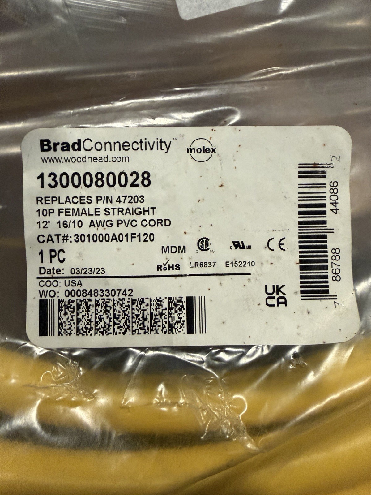 1300080028 – 12 Ft 10 Pos Straight Female Cordset, IP67 Rated, MOLEX