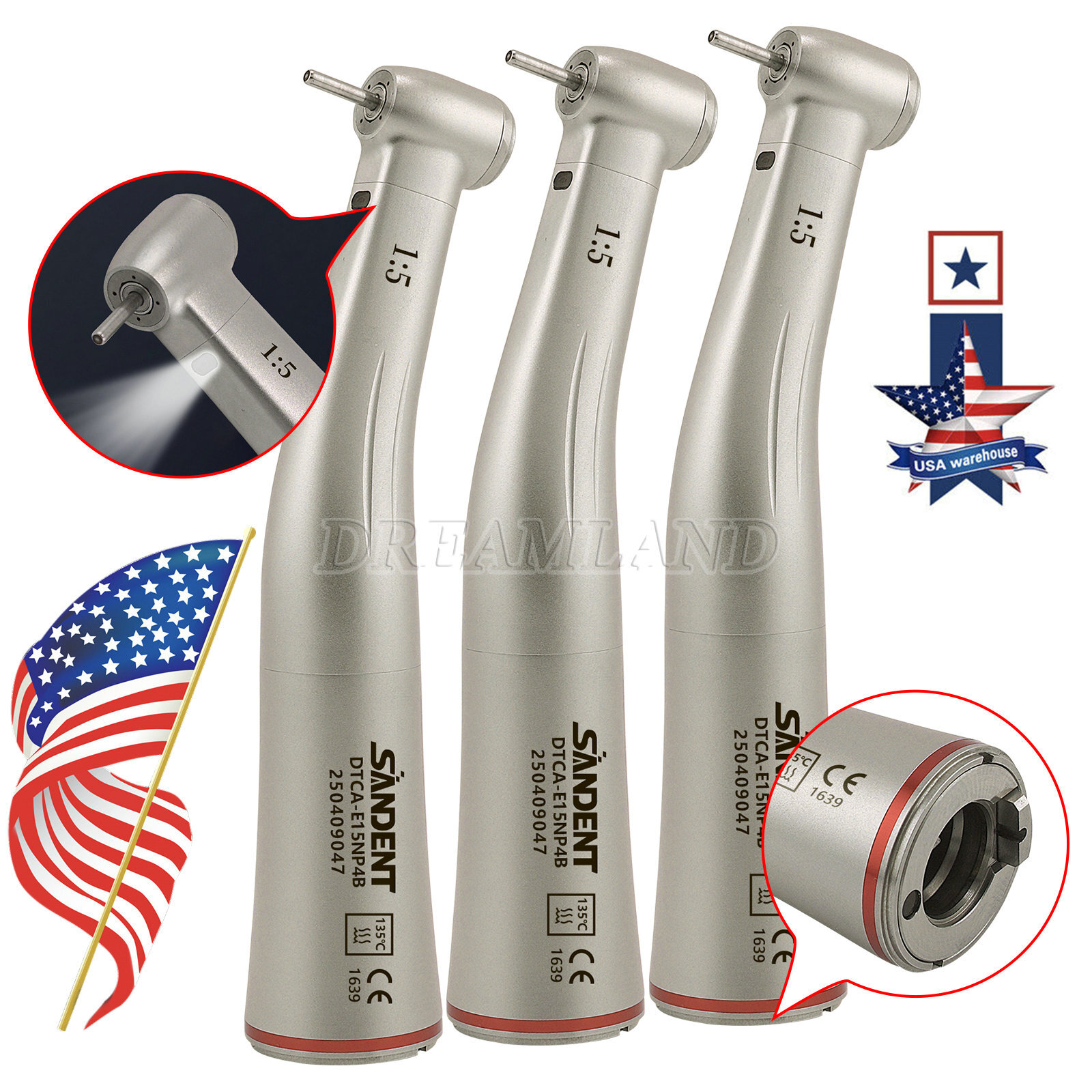 3pcs SANDENT Dental 1:5 LED Contra Angle Handpiece High Speed for Electric Motor