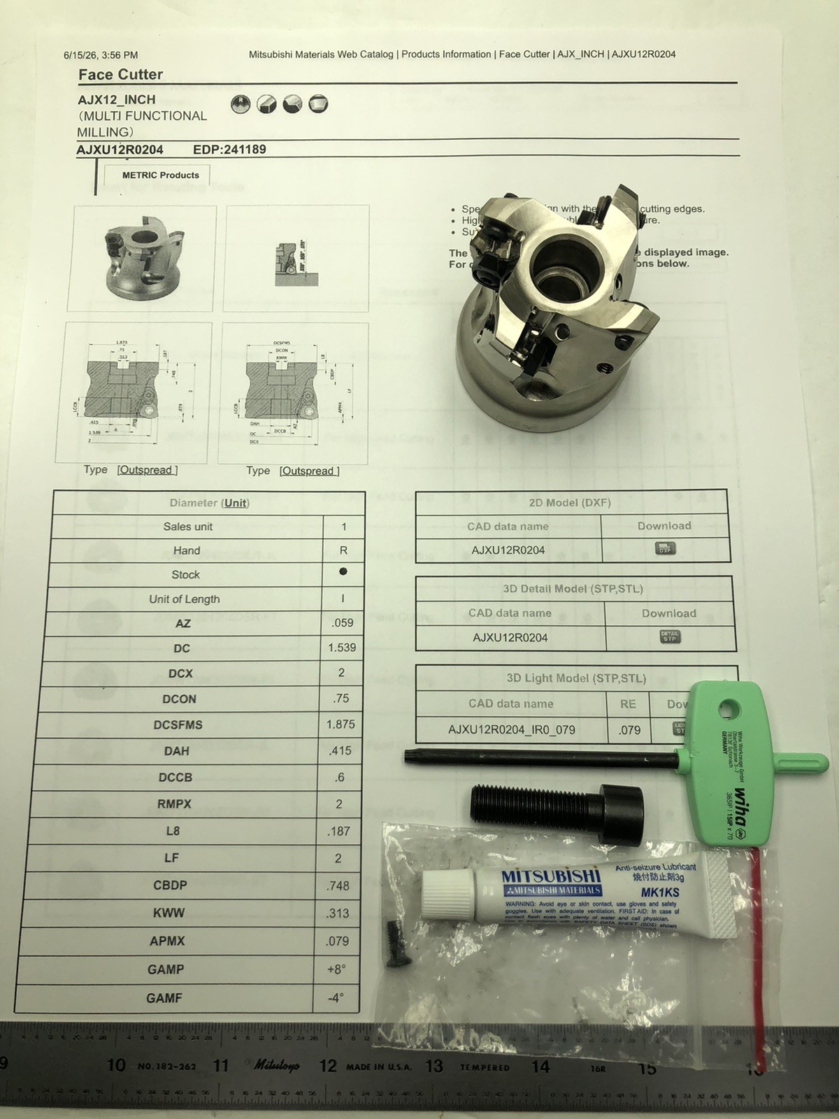 NEW MITSUBISHI AJXU12R0204 2» Face Cutter 0.75 Arbor EDP# 241189.See Photo’s.