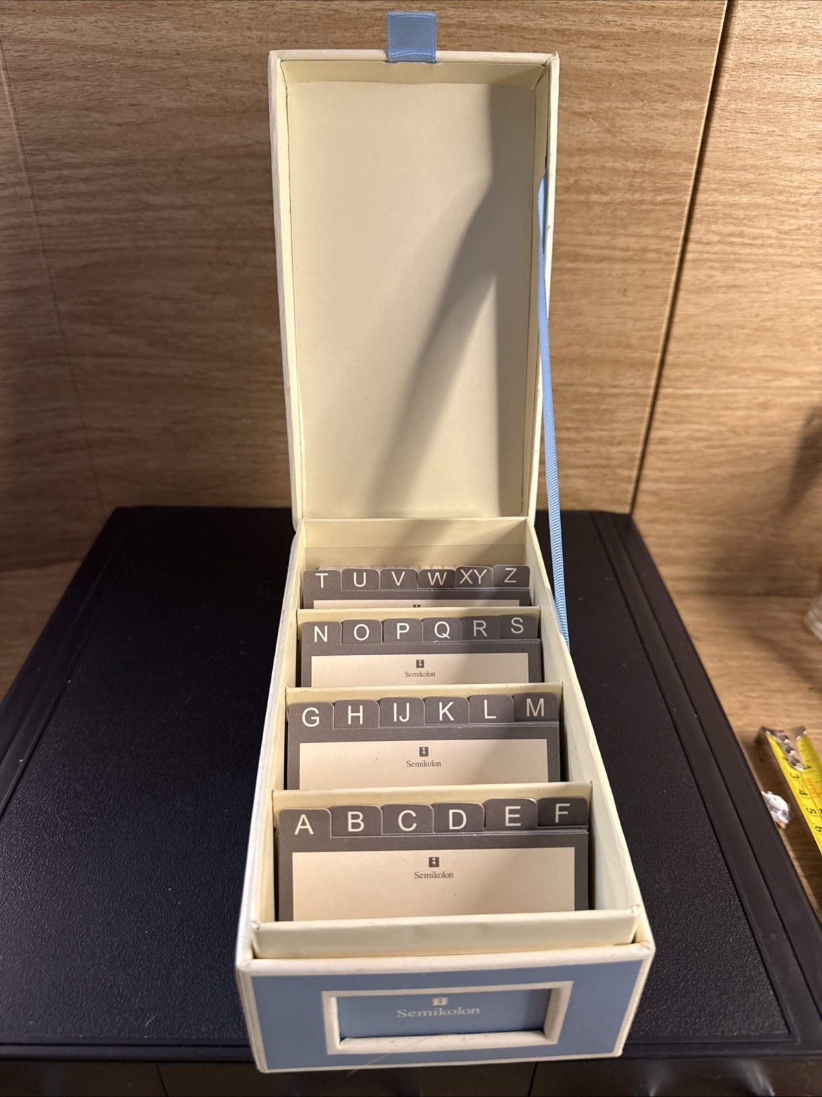 Semi Colon Business Card File Box with Alphabetical Divider Cards. Lift Tab