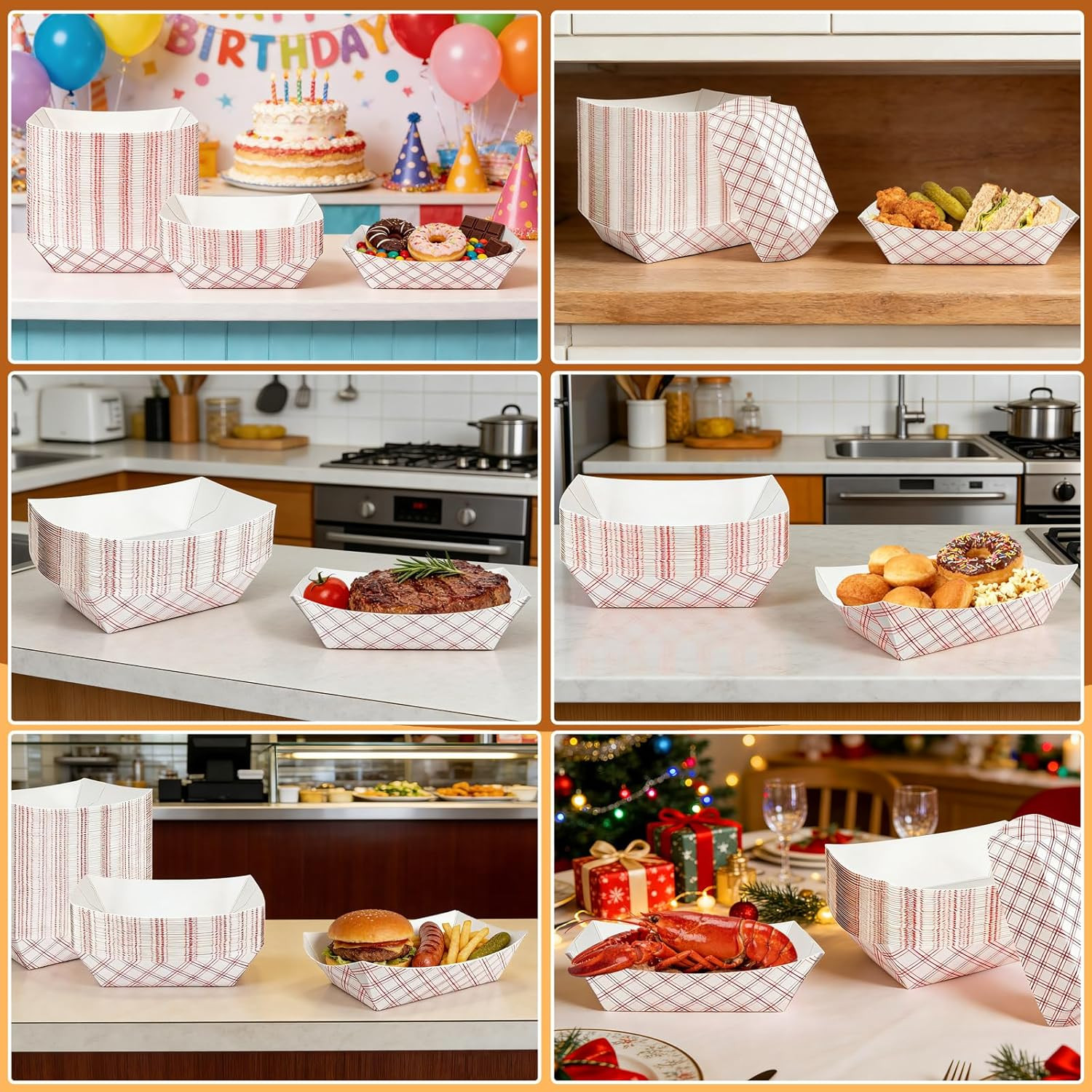 Extra Large 4Lb Disposable Paper Food Boats – 100 Pack Checkered Kraft Trays