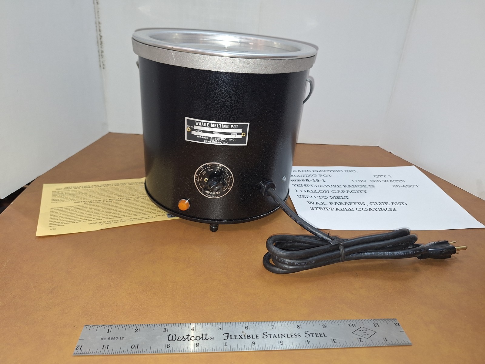 WAAGE MELTING POT WP8A-19-1 NEW IN BOX – 900 W 115V 60-450°F TEMP RANGE 1 GAL
