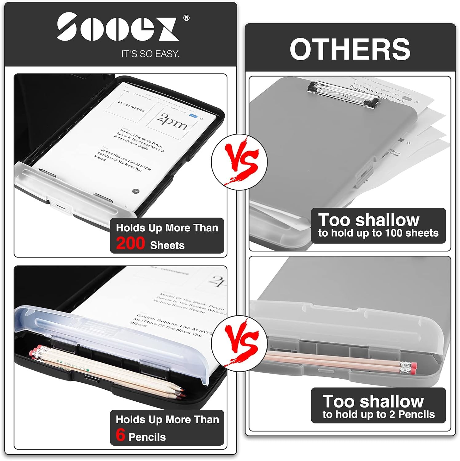 Sooez Clipboard with Storage, High Capacity 10″W x 1-1/4″D x 14-1/2″H, Black