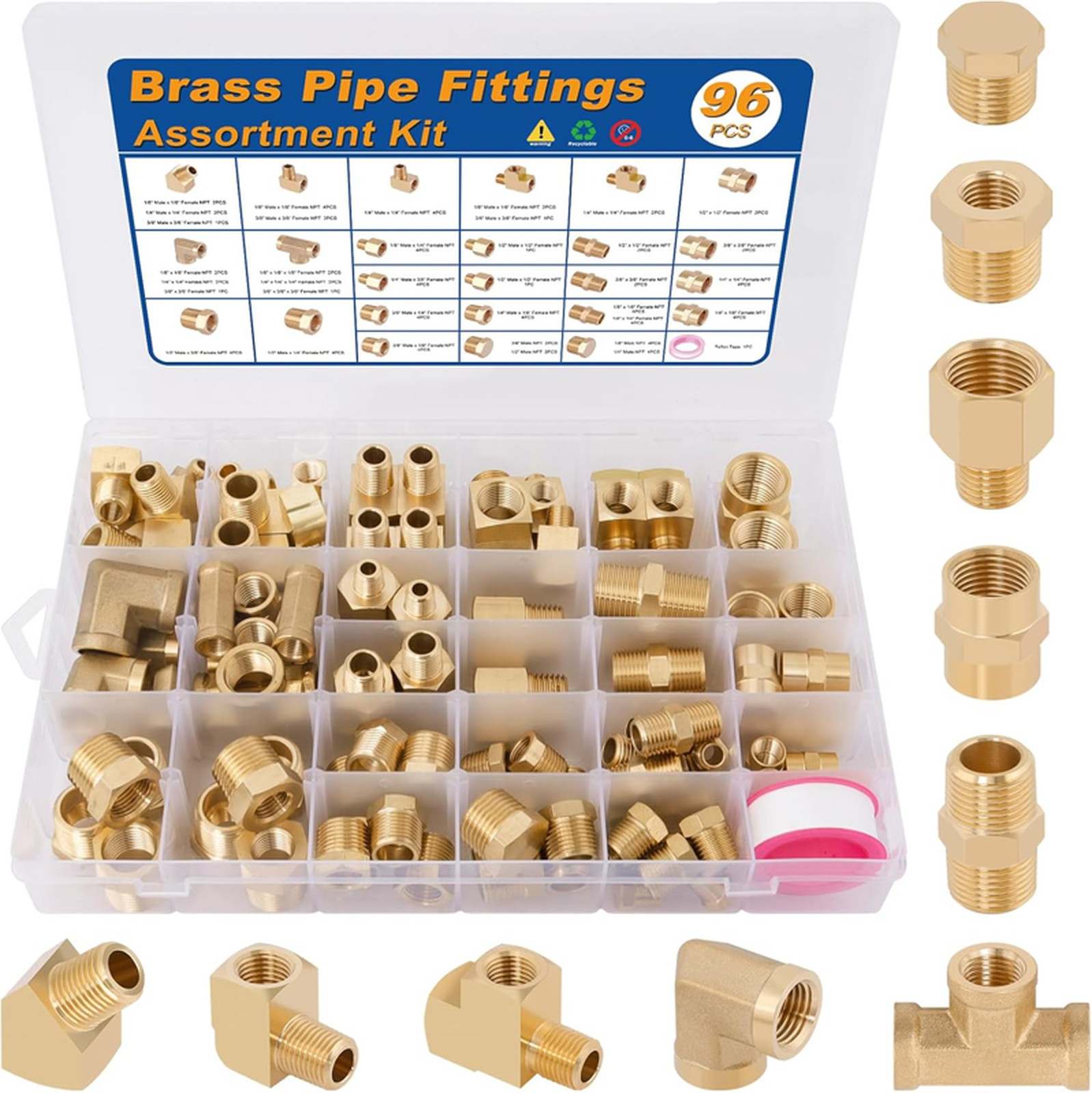 96PCS Brass Pipe Fittings Assortment Kit – NPT Adapter, Reducer Bushing, Hex