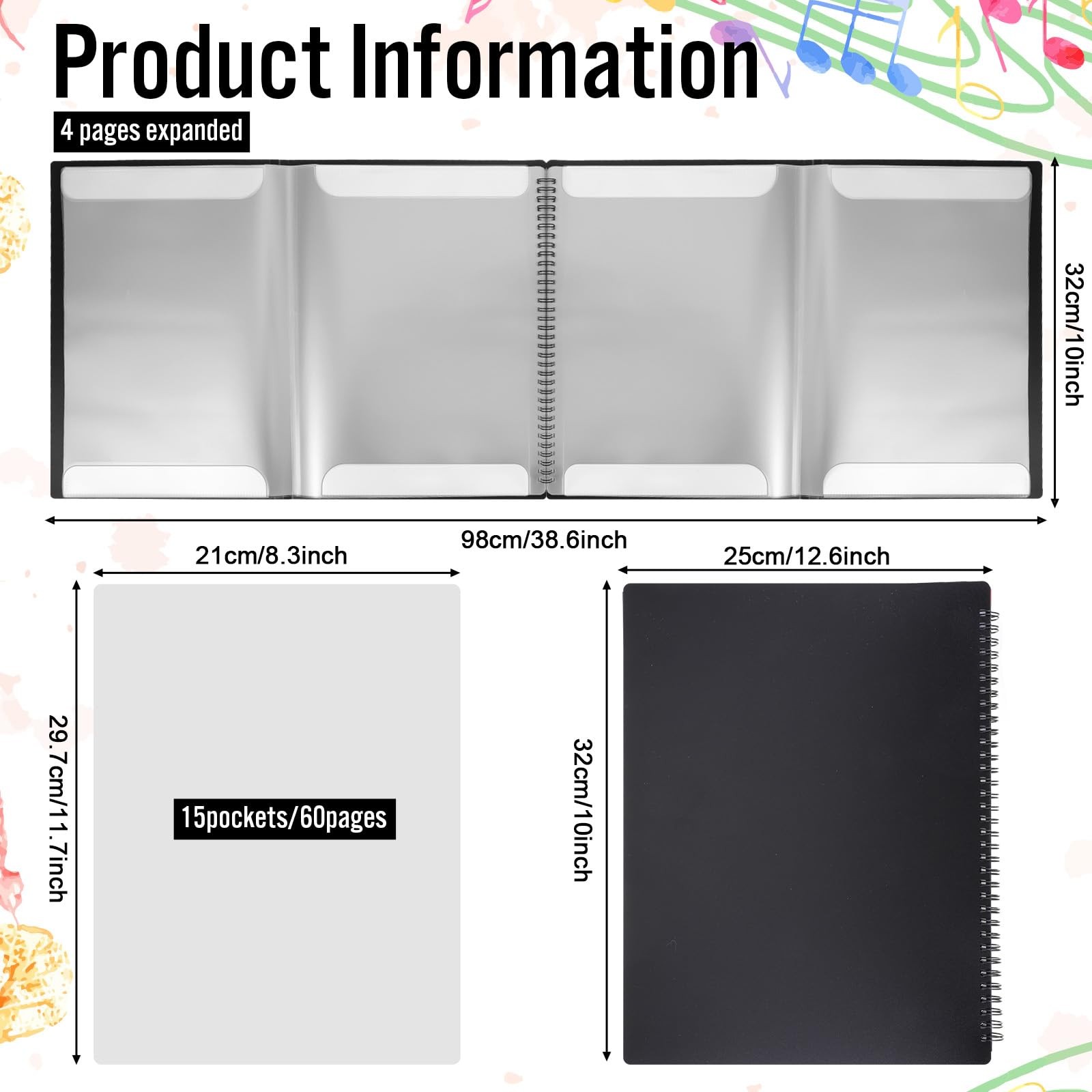 4 Pages Expand Sheet Music Folder Spiral Binder Black 8.5×11 Inch 60 Pages