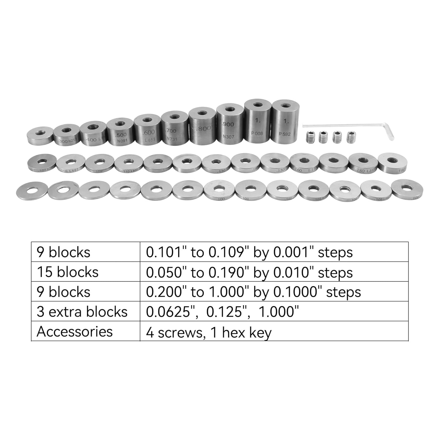HFS(R) Spacer Block Set Bearing Steel 36pc ±0.0001″, 3/4″ Diameter,1/4-28 Thread