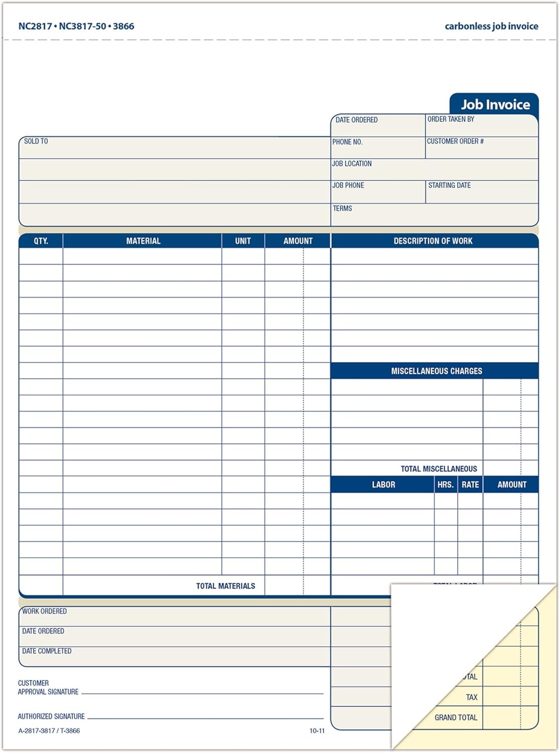 Adams Job Invoice Forms, 2-Part Carbonless, for Service and Repair Billing, 100