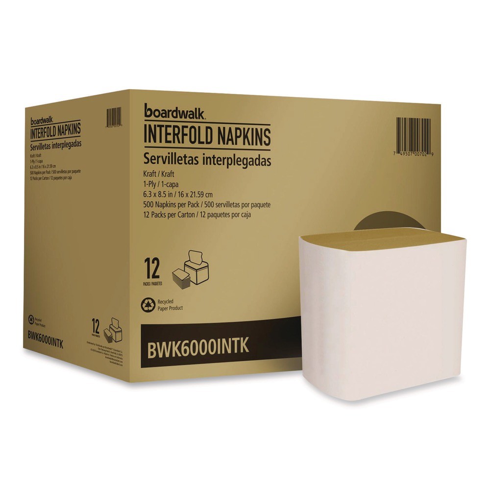 Boardwalk 6000INTK 6.3 in. x 8.5 in. 1-Ply Interfold Napkins – Kraft (12/CT) New