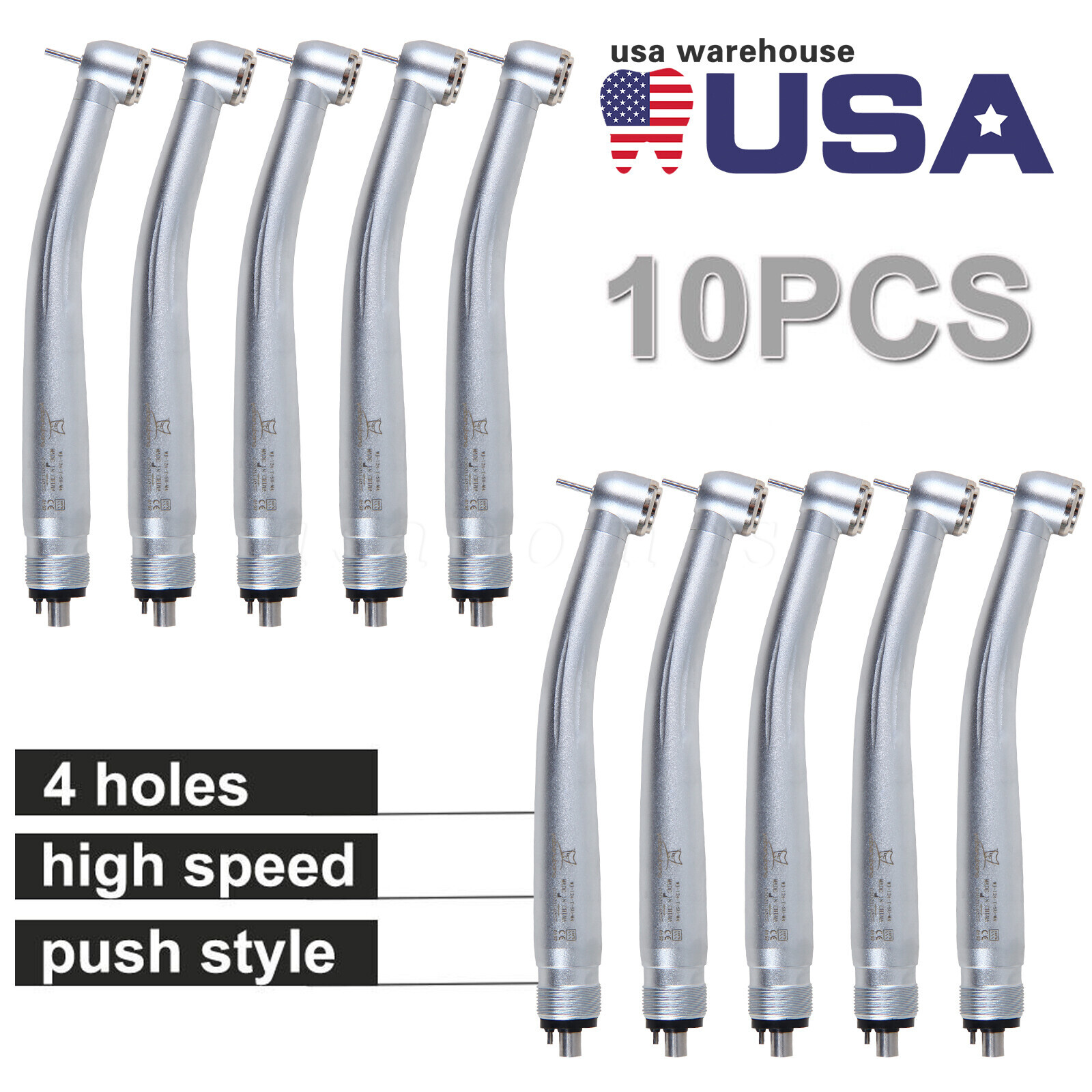 10 Pcs USA Dental High Speed Turbine Handpiece Push 4Hole Fit NSK PANA MAX YDA4