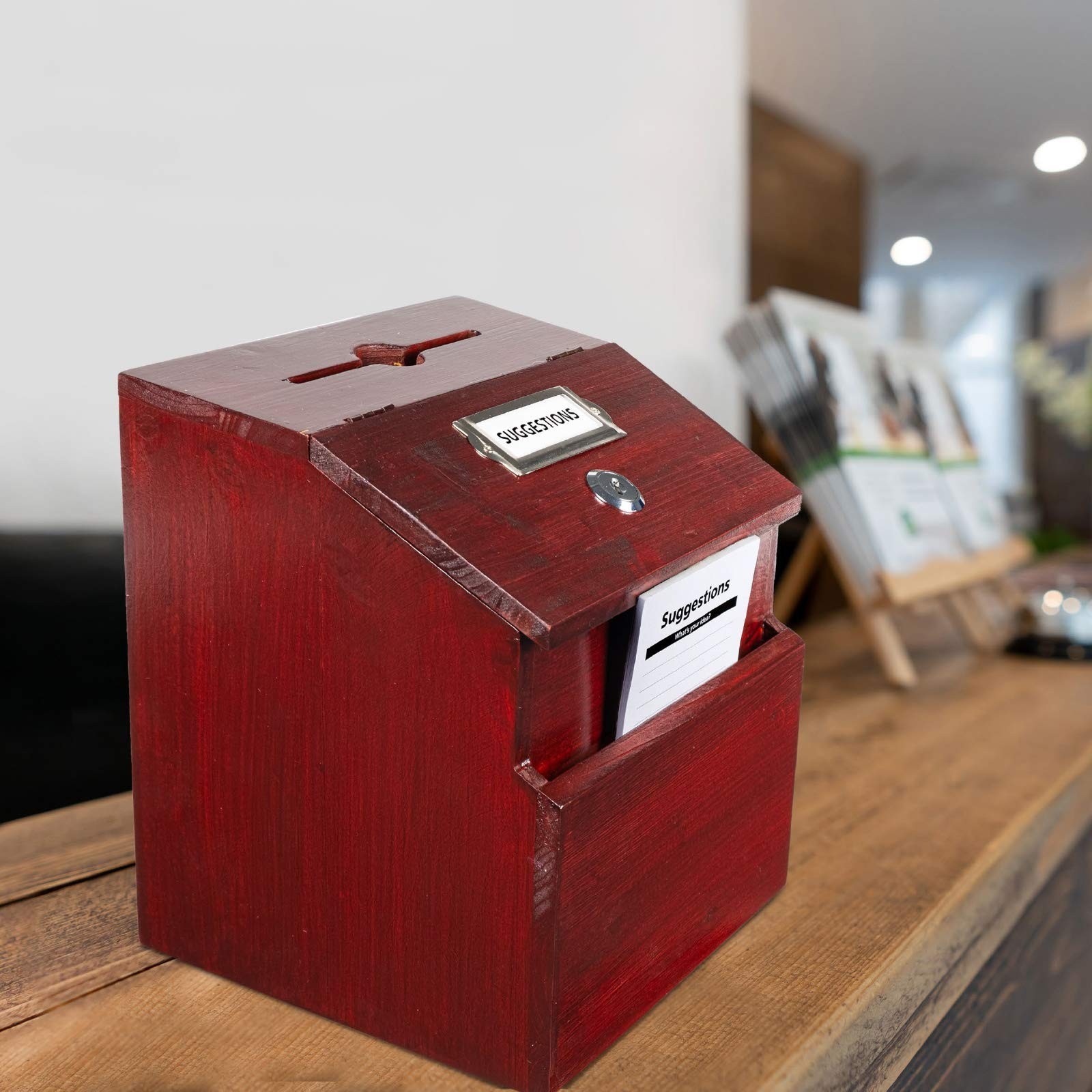 EXCELLO GLOBAL PRODUCTS Red Mahogany Suggestion Box with Lock: Wooden Ballot …