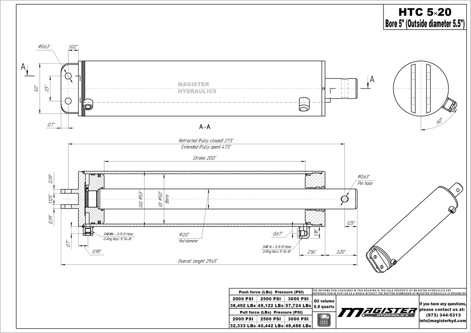 5″ bore x 20″ stroke Dump Hoist Hydraulic Cylinder