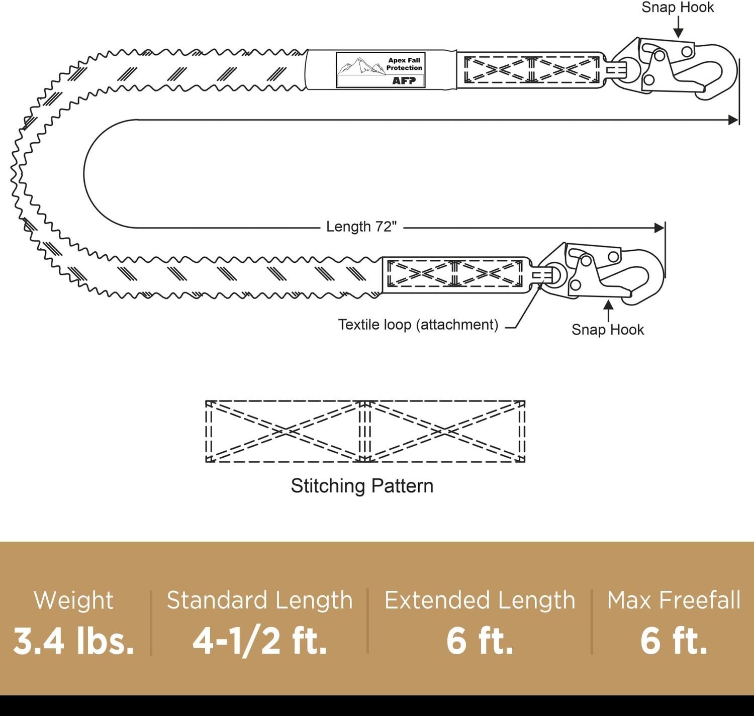 6 FT Single Leg Internal Shock Absorbing Safety Lanyard with Dual Snap Hooks