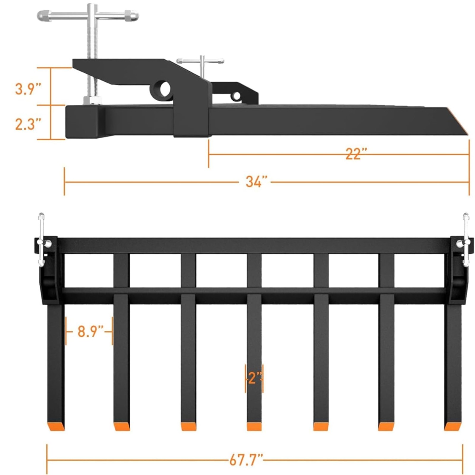 68″ Fork Length Clamp-On Debris Forks Fit 68/70/72″ Loader Buckets Skid Steers