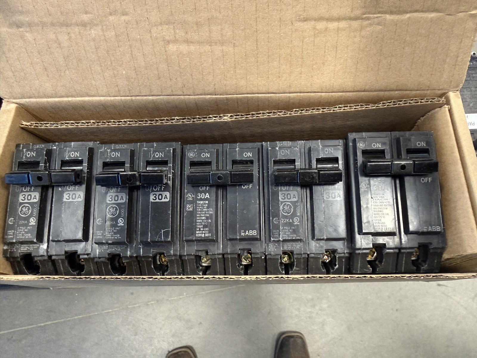 Lot Of 5 GE/ABB, 30 Amp 240 Volt 2 Pole Bolt-On Circuit Breakers