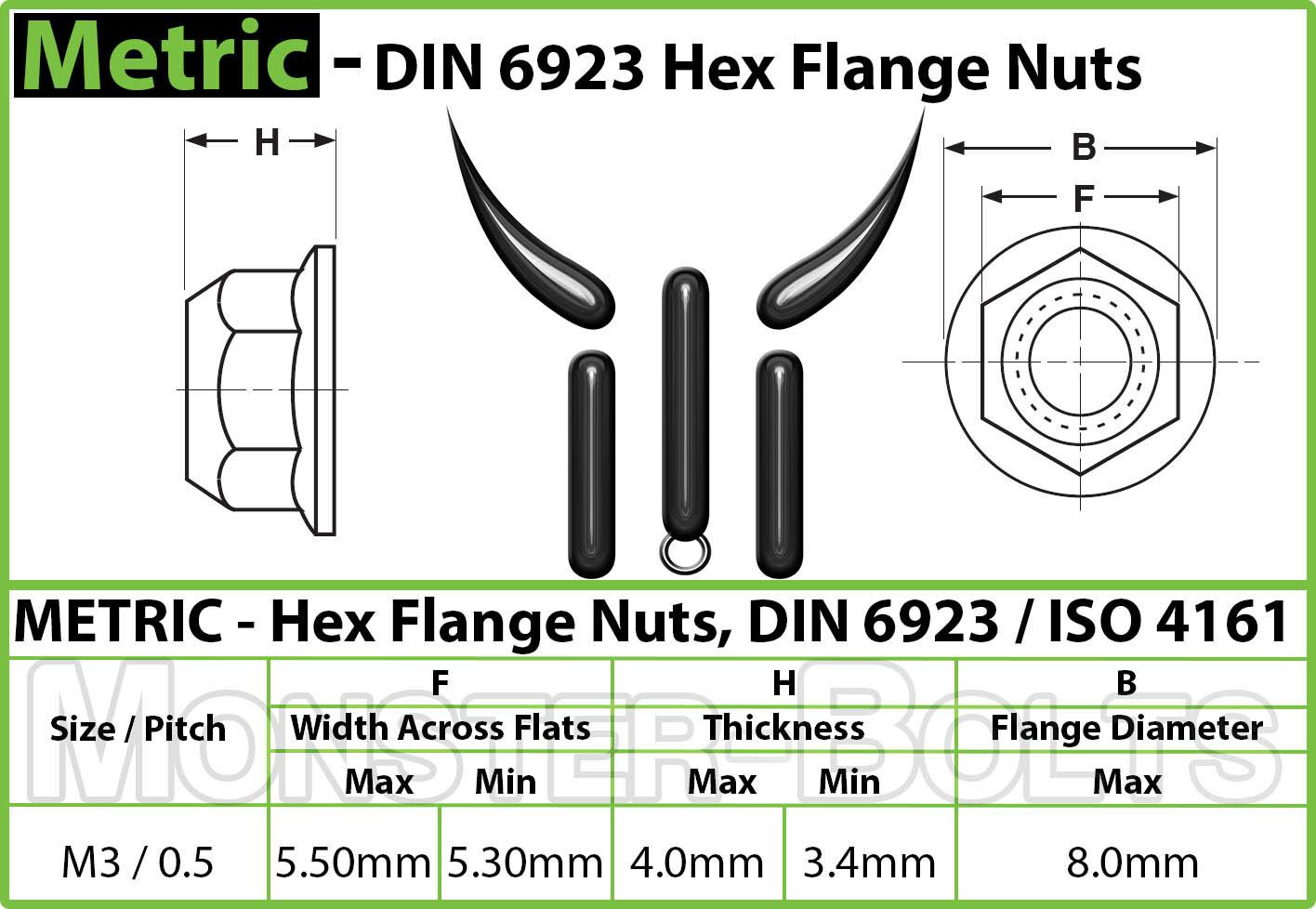 M3-0.50 Zinc Hex Serrated Flange Nuts Metric Class 8, DIN 6923 RoHS CR+3