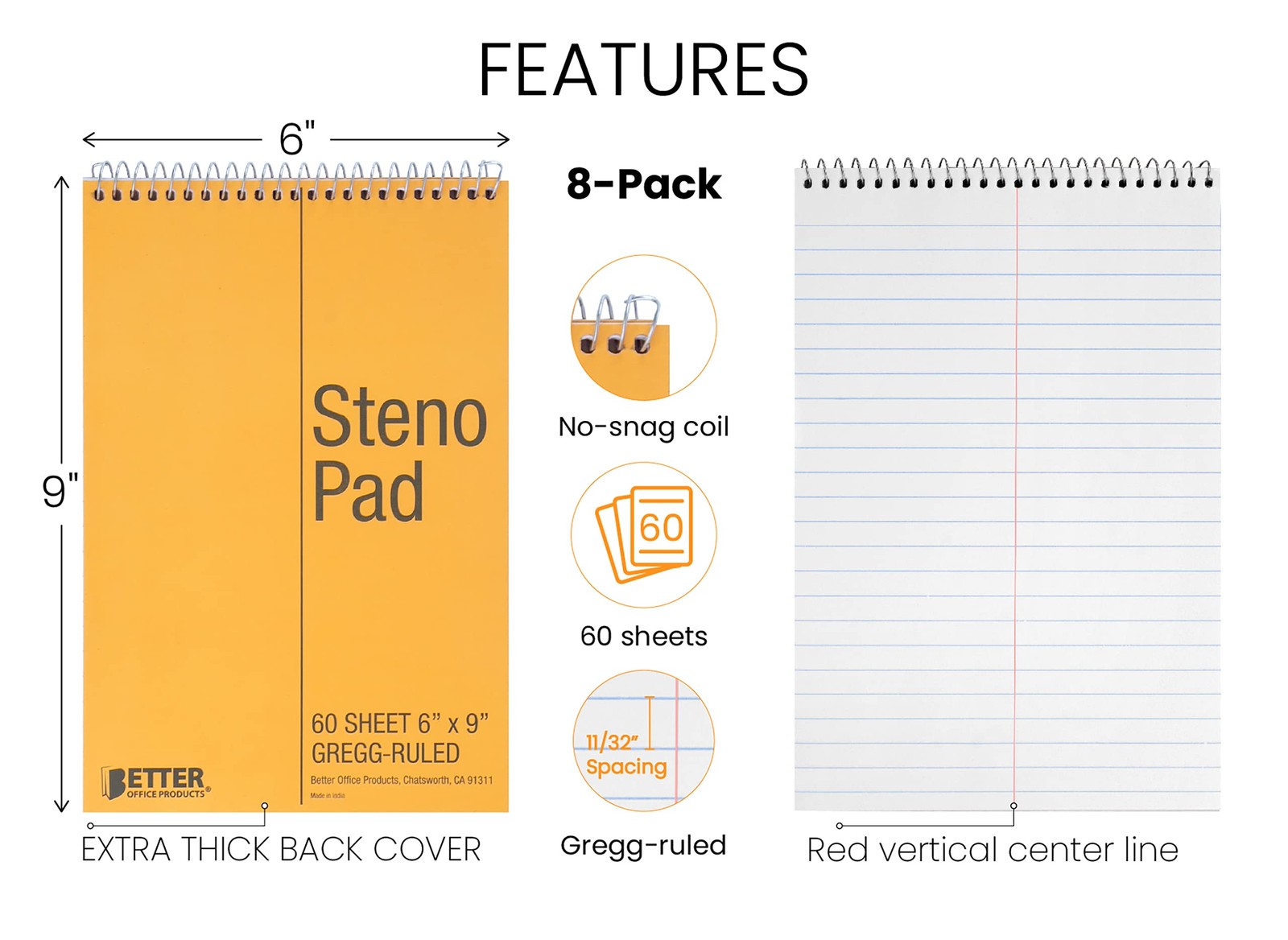 Spiral Steno Pads, 8 Pack, 6 x 9 inches, 60 Sheets, White Paper, Gregg Rule, …