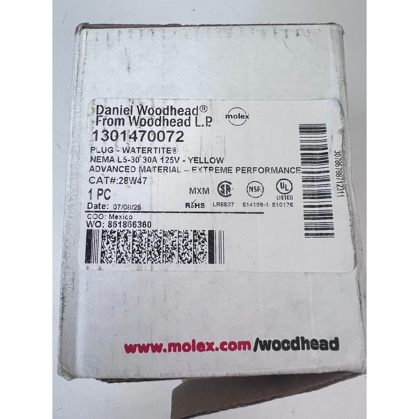 Daniel Woodhead Molex 1301470072 Watertite Plug NEMA L5-30 30A 125V Yellow