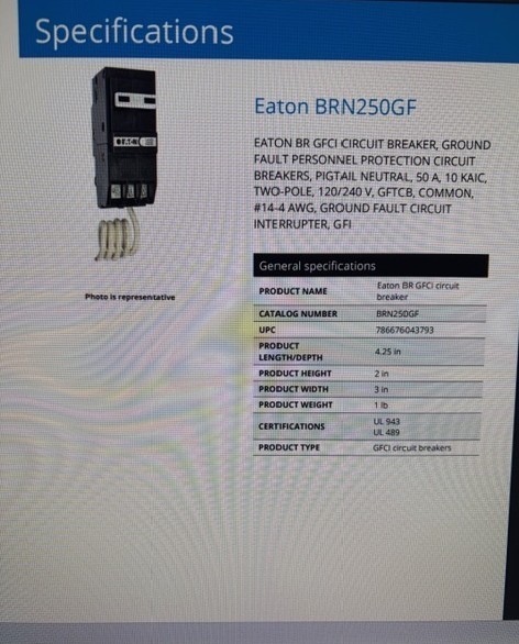 Eaton BRN250GF BR GFCI Circuit Breaker, Pigtail Neutral, 50 A 2 Pole 120/240 V