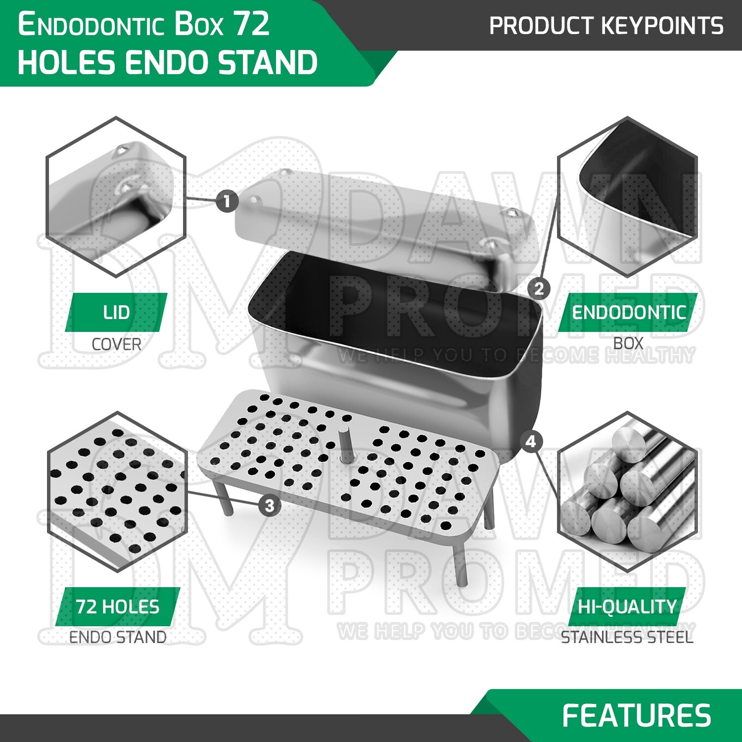 Endodontic Box 100 x 44 x 54mm 72 Holes Endo Stand Surgical Dental Instruments