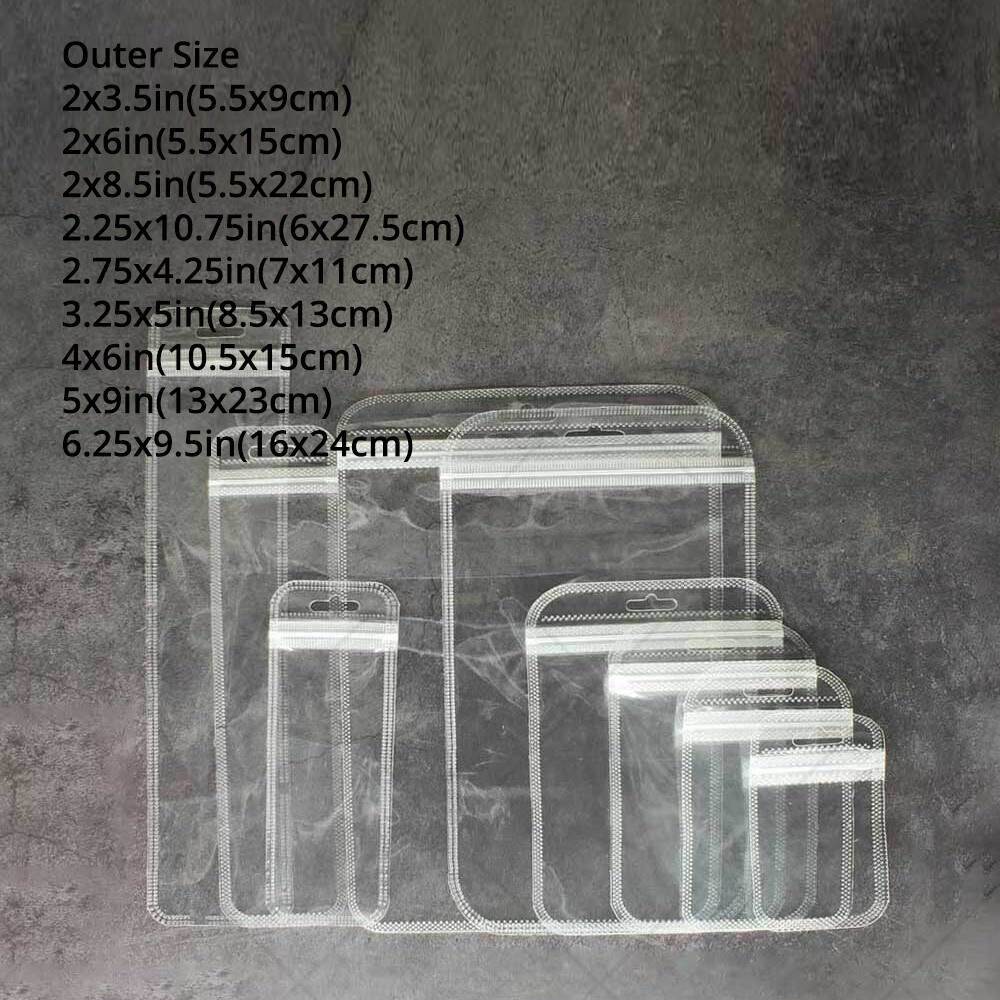 Multi-Size Clear/Clear/Clear Glossy Flat Mylar Zip Lock Pouch Bag w/ Hang Hole