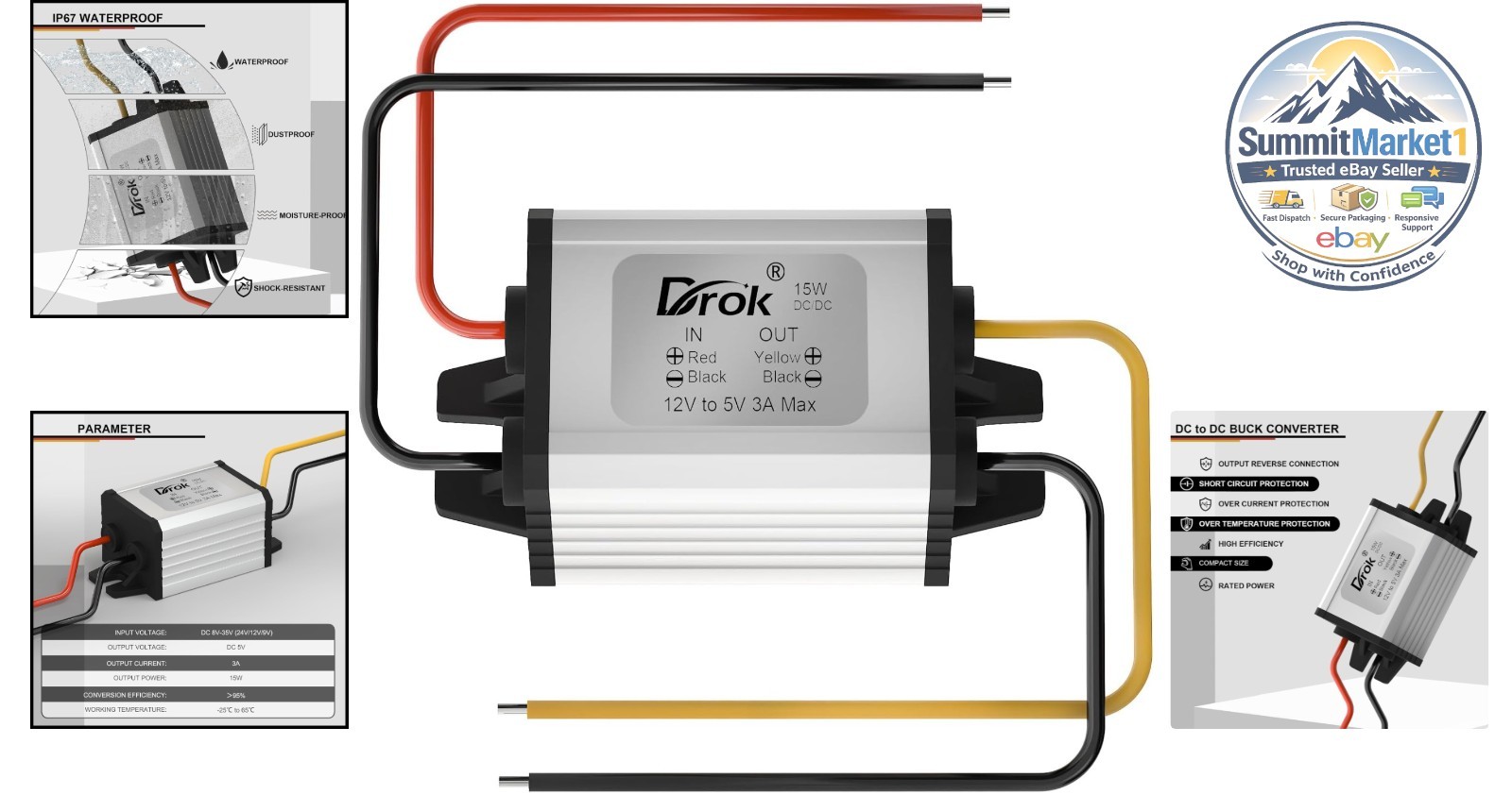 12V to 5V Converter DC Buck Waterproof 8-35V 3A 15W Voltage Regulator