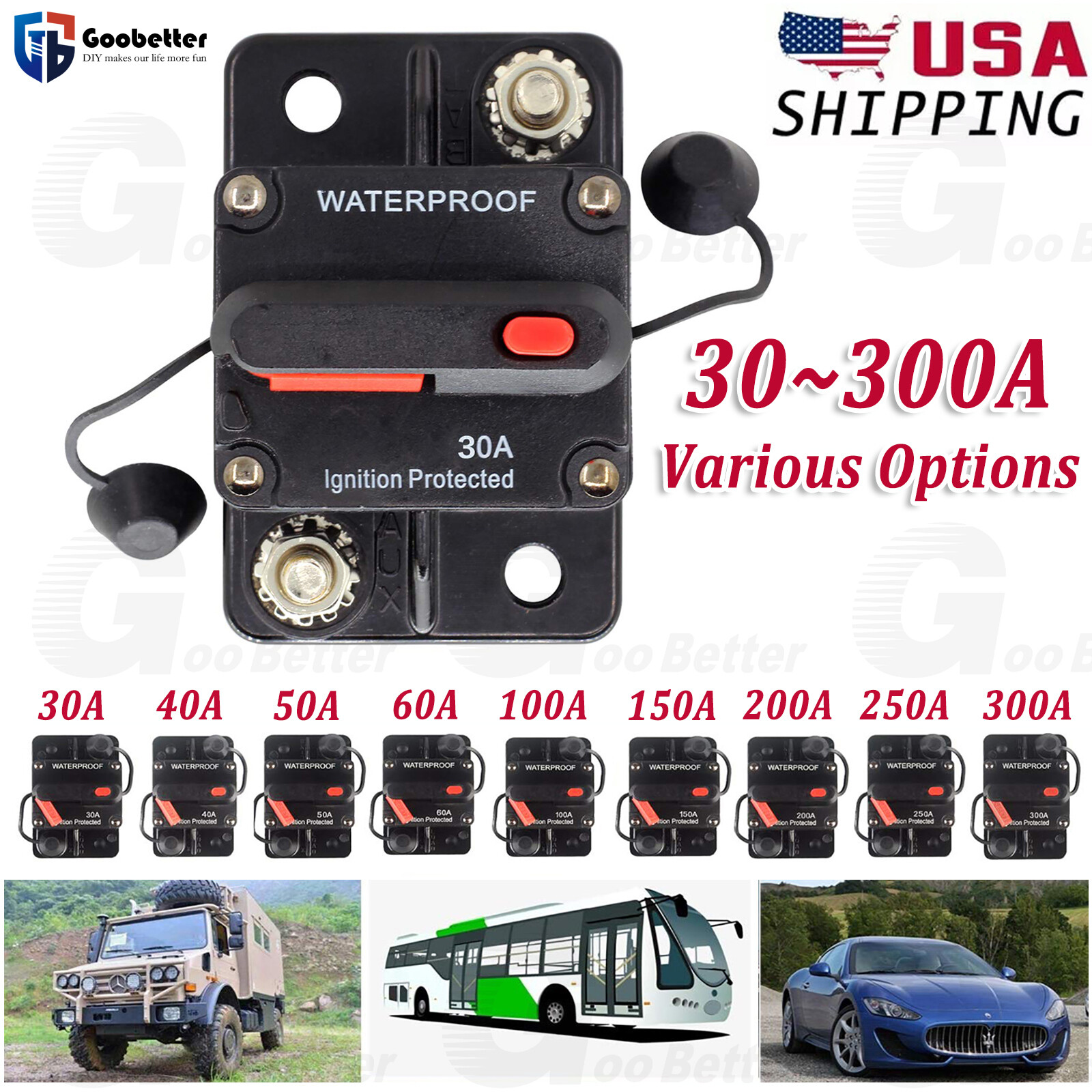 30-300Amp Waterproof Car Circuit Breaker Fuse Reset for Boat Auto RV DC 12V-48V