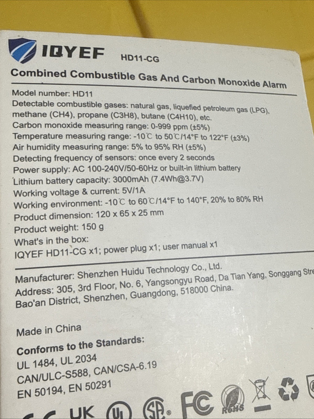 Iqyef HD11-CG Combined Smoke Combustible Gas And Carbon Monoxide Alarm