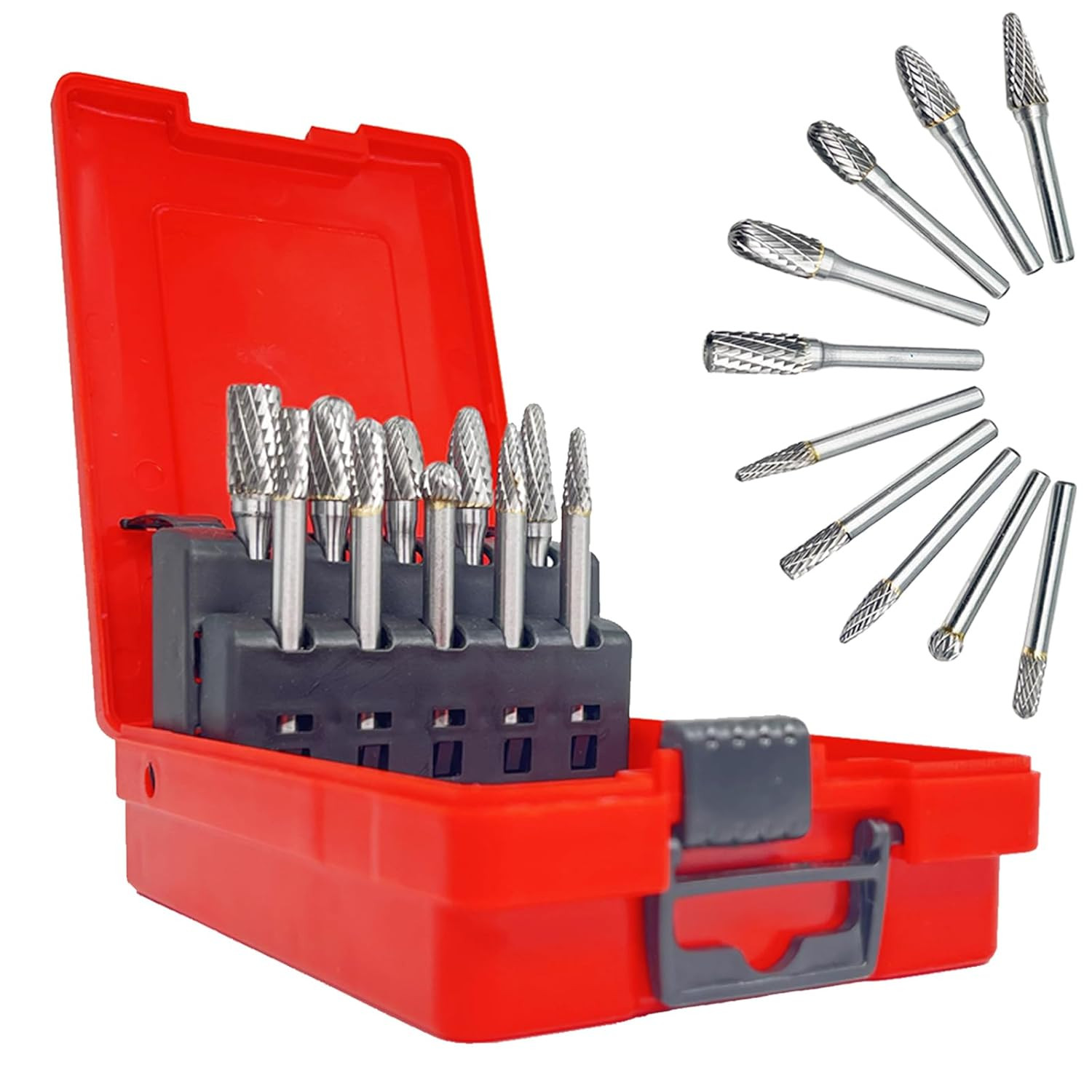 Carbide Rotary Burrs Set with 1/4”Shank 10Pcs Double Cut Solid Tungsten Carbide