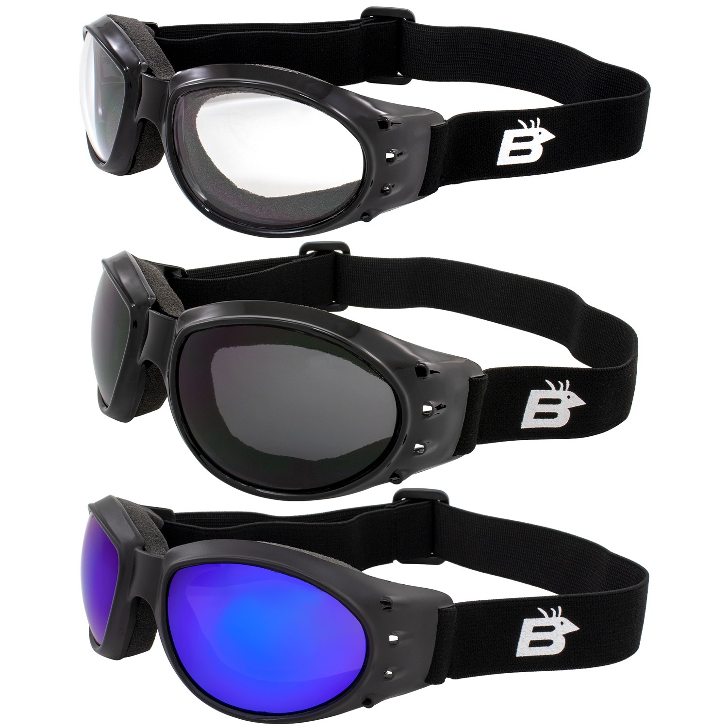 3 Birdz Motorcycle Goggles Black Frames with Clear Smoke & Blue Mirror Lenses