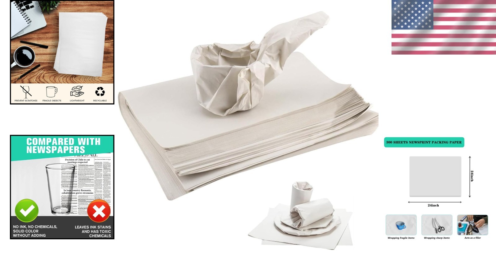 Bulk 300 Count 24×24 Inch Newsprint Packing Paper for Wrapping & Shipping Needs