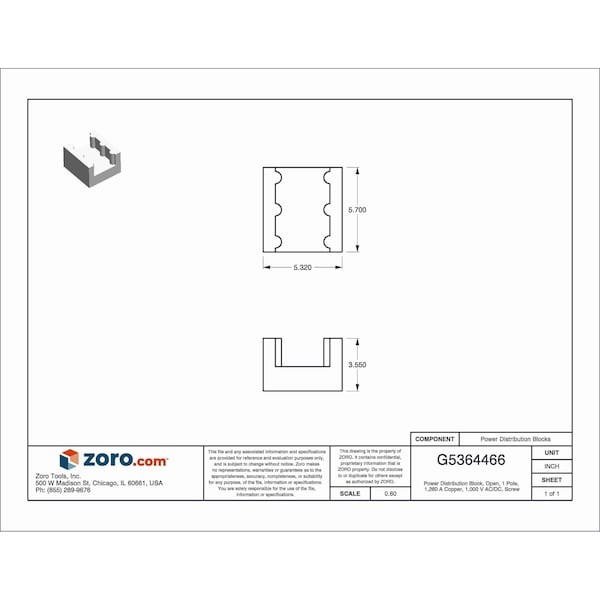 Mersen Mpdb69331 Power Distribution Block, Open, 1 Pole, 1, 260 A Copper,
