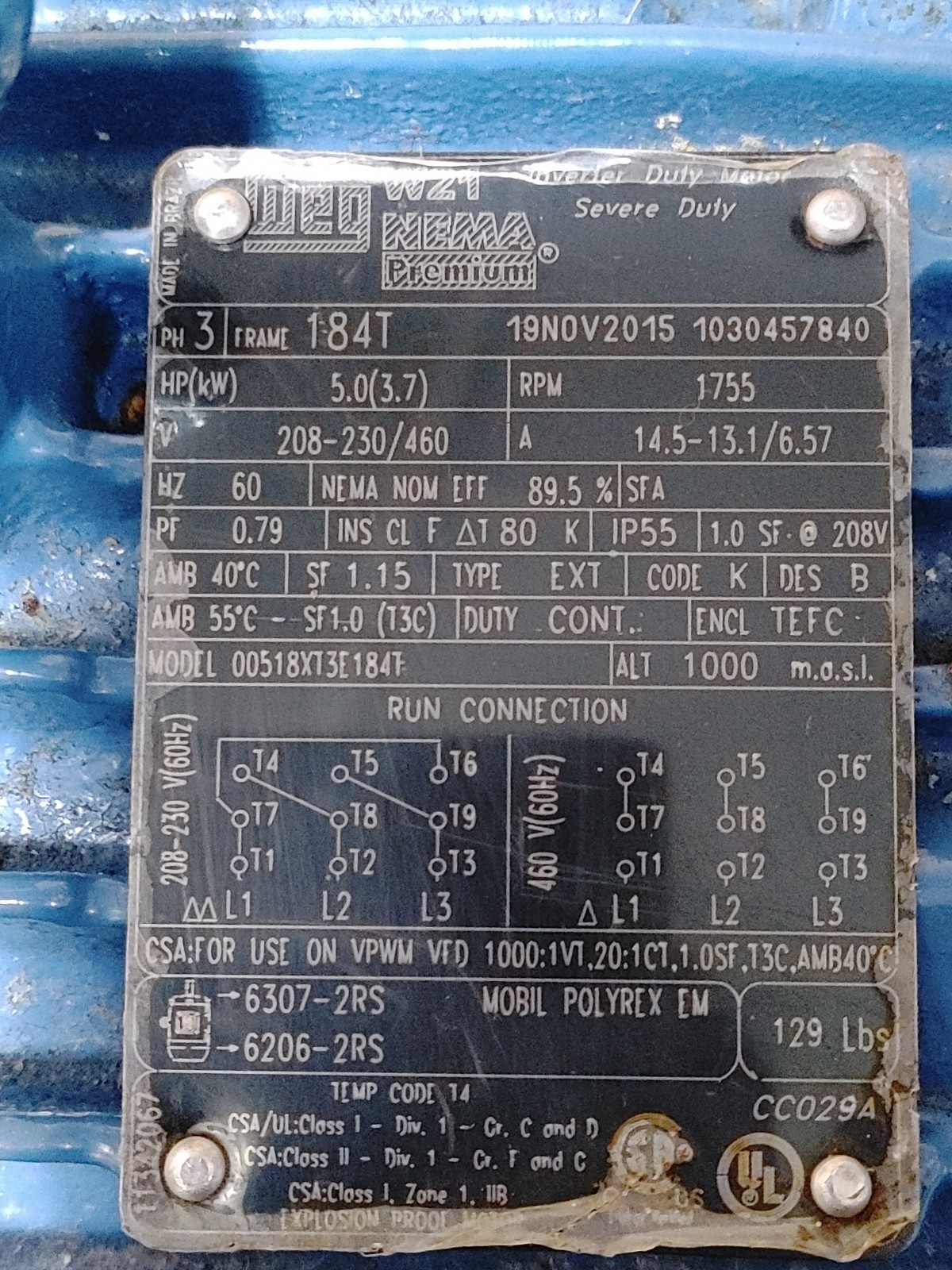 WEG 00518XT3E184T 3PH 1755 RPM 208-230/460 V 184T W21 Explosion Proof Motor