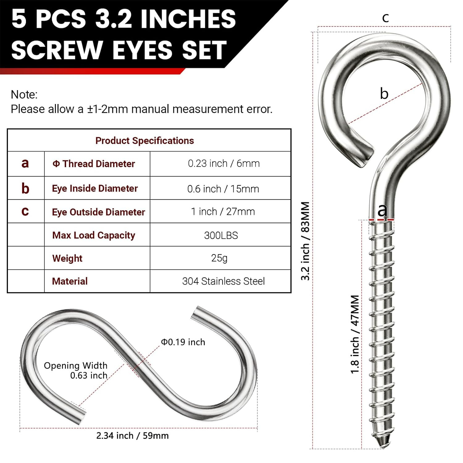300LBS Heavy Duty 3.2 Inch 304 Stainless Steel Screw Eye Hooks with 5 S-Hooks, S