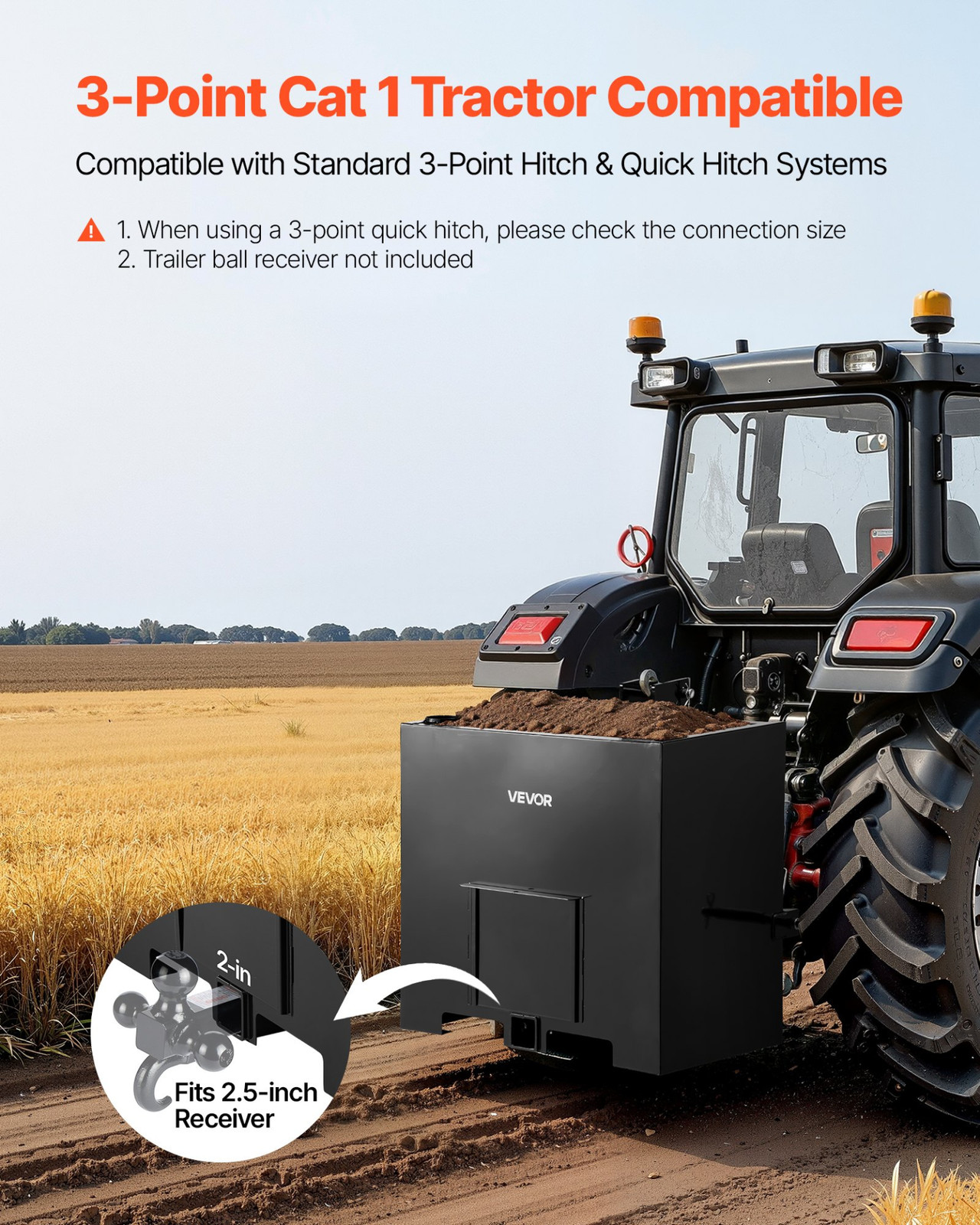 3 Point Tractor Ballast Box 800lb Cat 1 Hitch Receiver Black