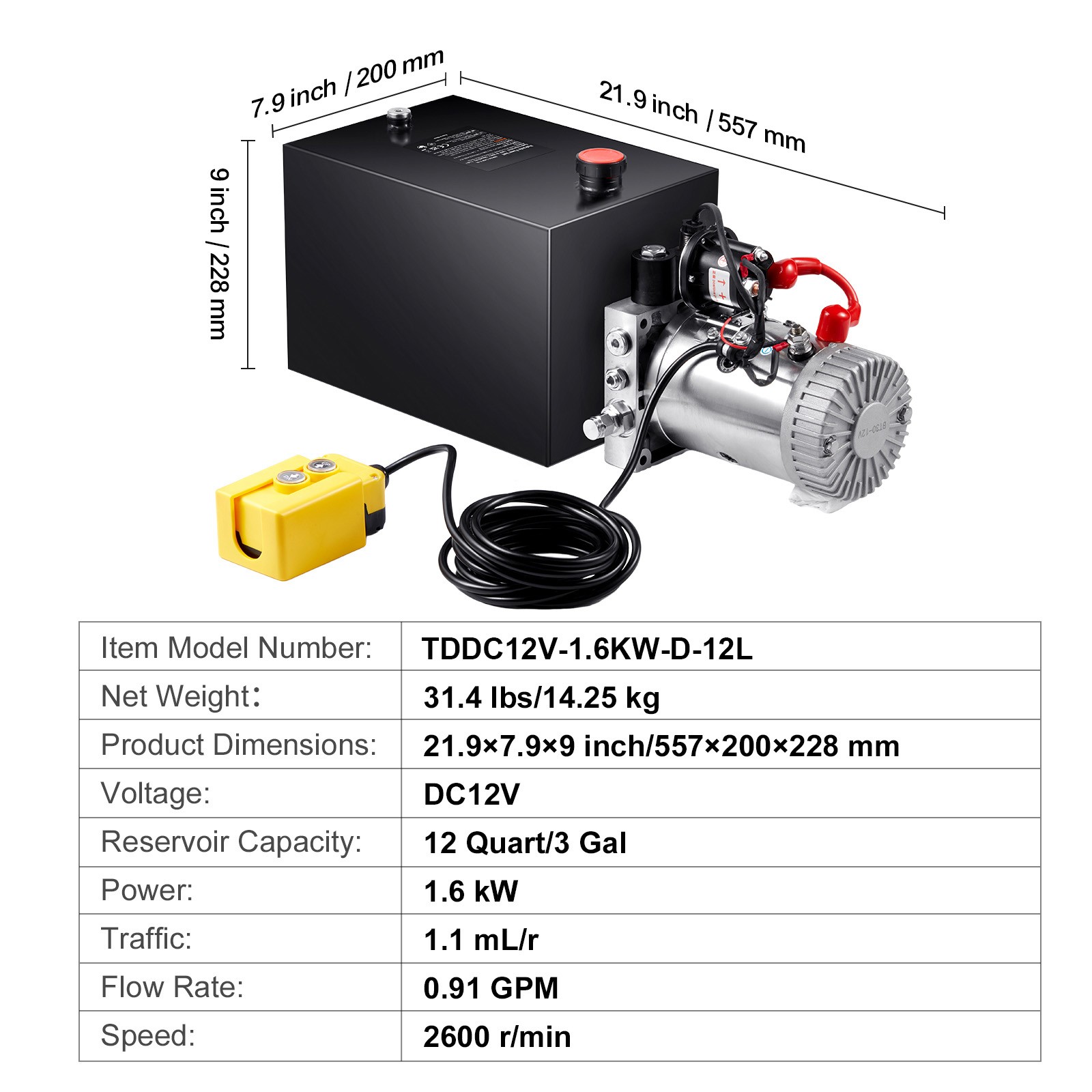 VEVOR Hydraulic Pump 12 Quart Single Acting Dump Trailer Pump Power Unit DC 12V