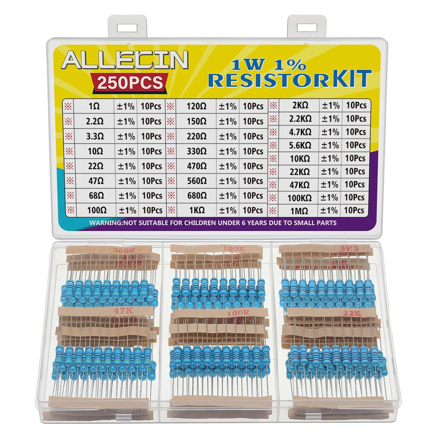 25 Values 1W Metal Film Resistor Kit from 1 Ohm to 1M Ohm 1 Watt 1% Resistors