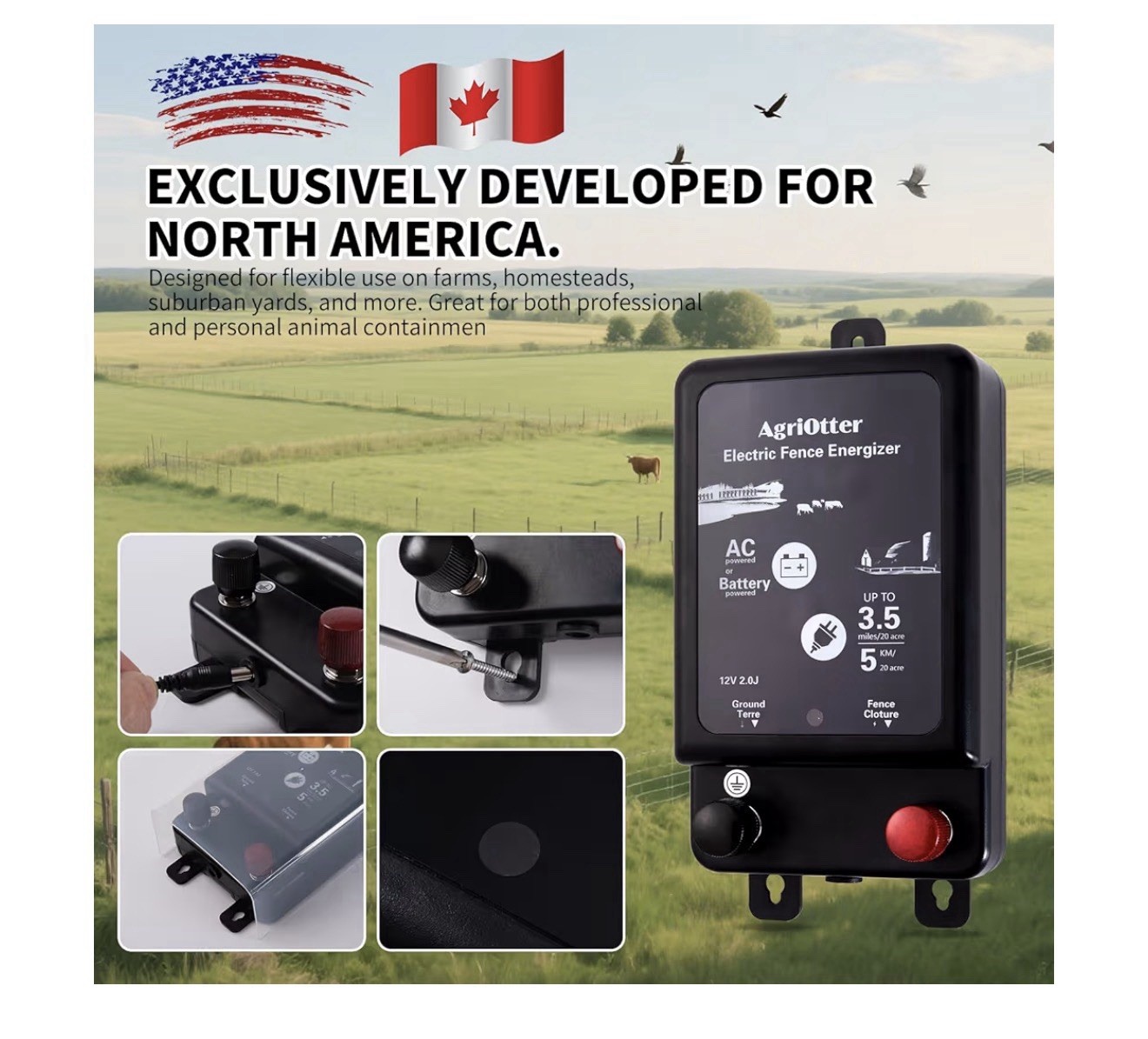 AgriOtter 2 in 1 Electric Fence Energizer Charger Plug-in & 12V Battery EFE-251