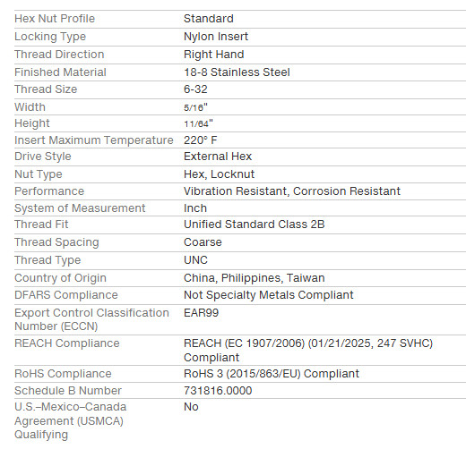 6-32 Stainless Steel Nylon Insert Hex Lock Nuts, 98 pcs