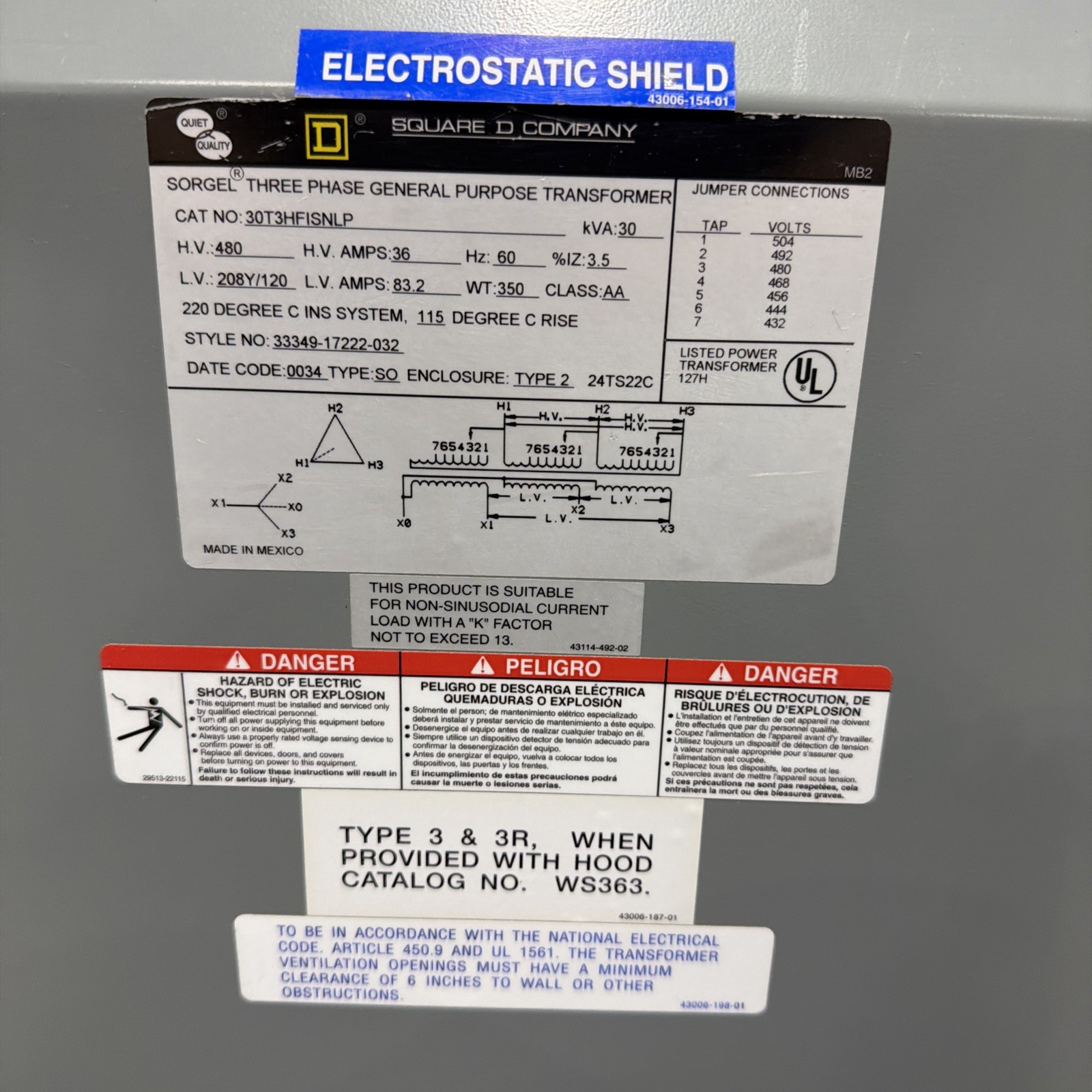 Square D 30kVA 480V Transformer 3PH 60HZ 208Y/120V 30T3HFISNLP 🟦