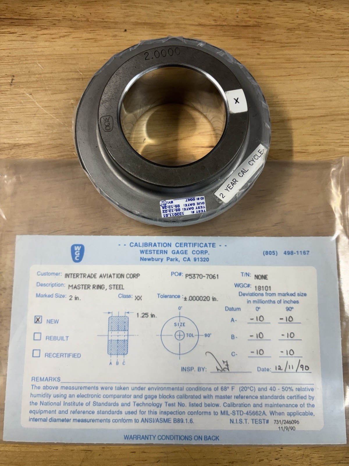 2.0000” CLASS XX MASTER PLAIN BORE Setting RING GAGE on size w/calibration Cert.