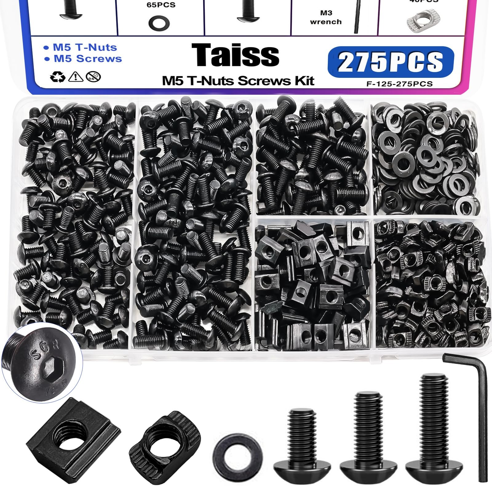 Taiss 275PCS M5 T-Nuts and Bolts Kit for 2020 Screw Kit, Black