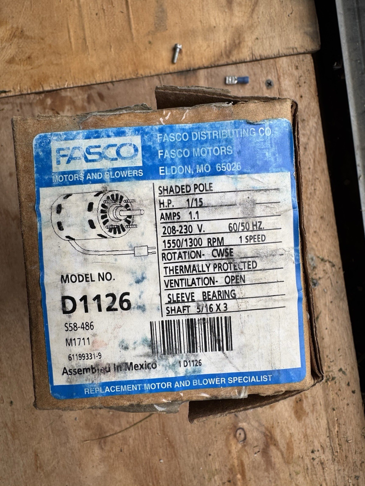 FASCO D1126 Motor: Stud, Shaded Pole, Single Phase, 1/15 H.P, 1,550 RPM 208-230V