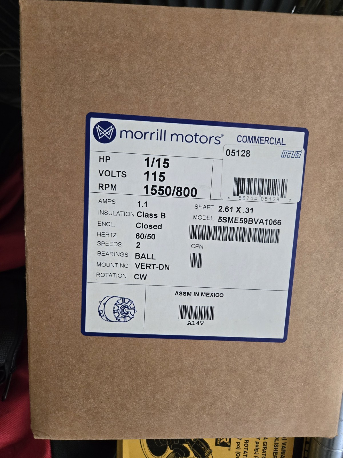 Morrill Motors 5SME59BVA1066 Commercial Motor 115V 1.1A 1/15 HP 1550/800 RPM