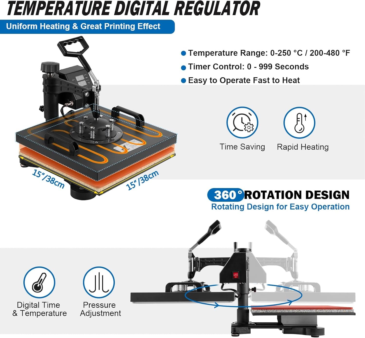 5 in 1 Heat Press Machine 15x15in Transfer Sublimation T-Shirt Mug Hat Plate Cap